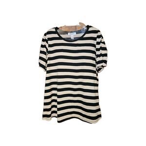 NWT Nine West 100% Cotton Striped Puff Sleeve Blouse | Black & Tan